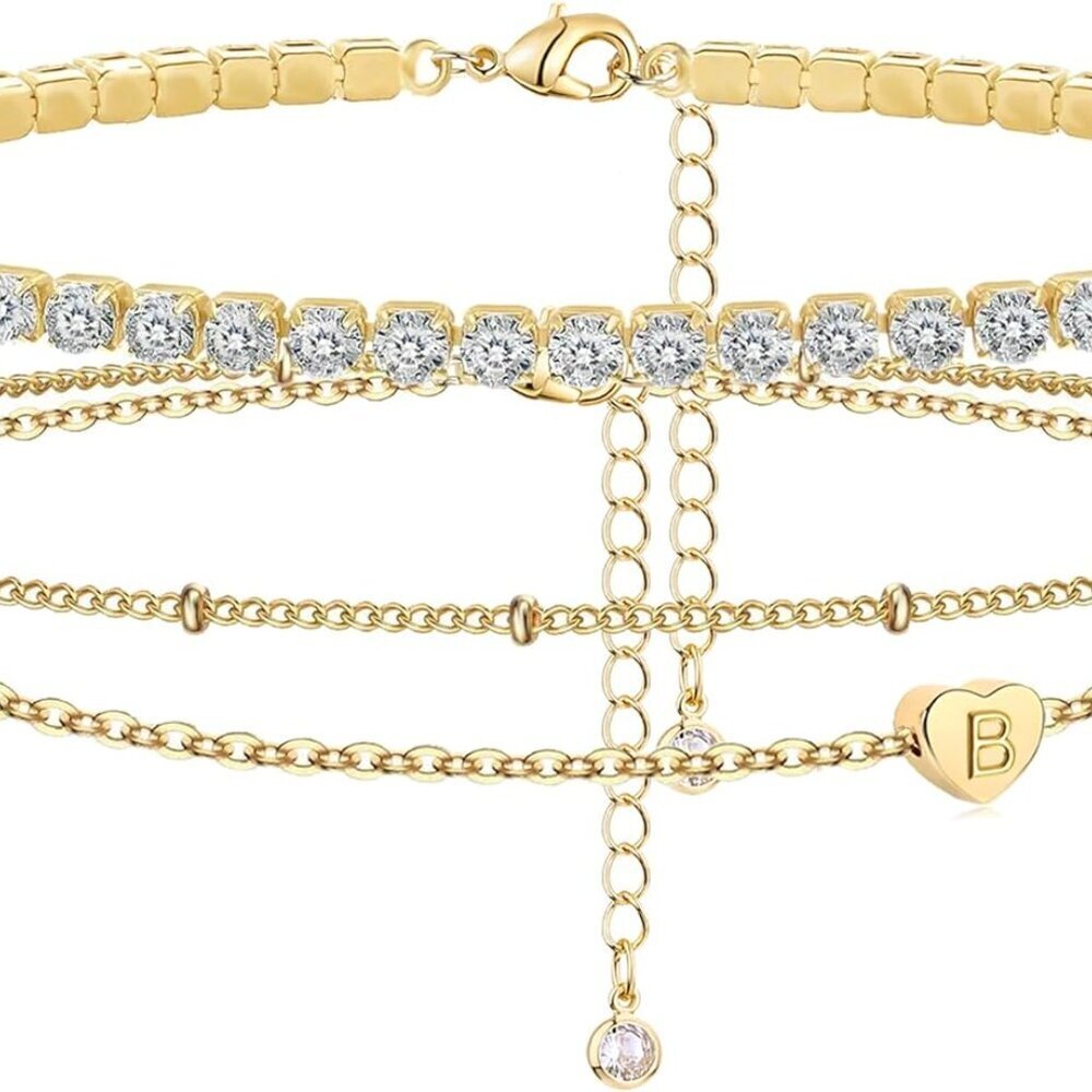 Initial Ankle Bracelets for Women, 14K Gold Plated Waterproof Dainty Layered Hea